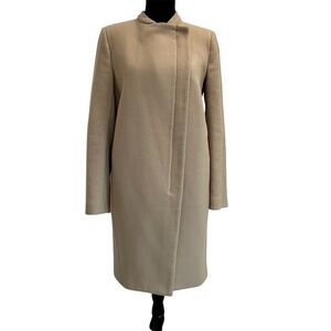 Zara tan brown wool blend asymmetrical zipper closure pea coat Sz S fall winter